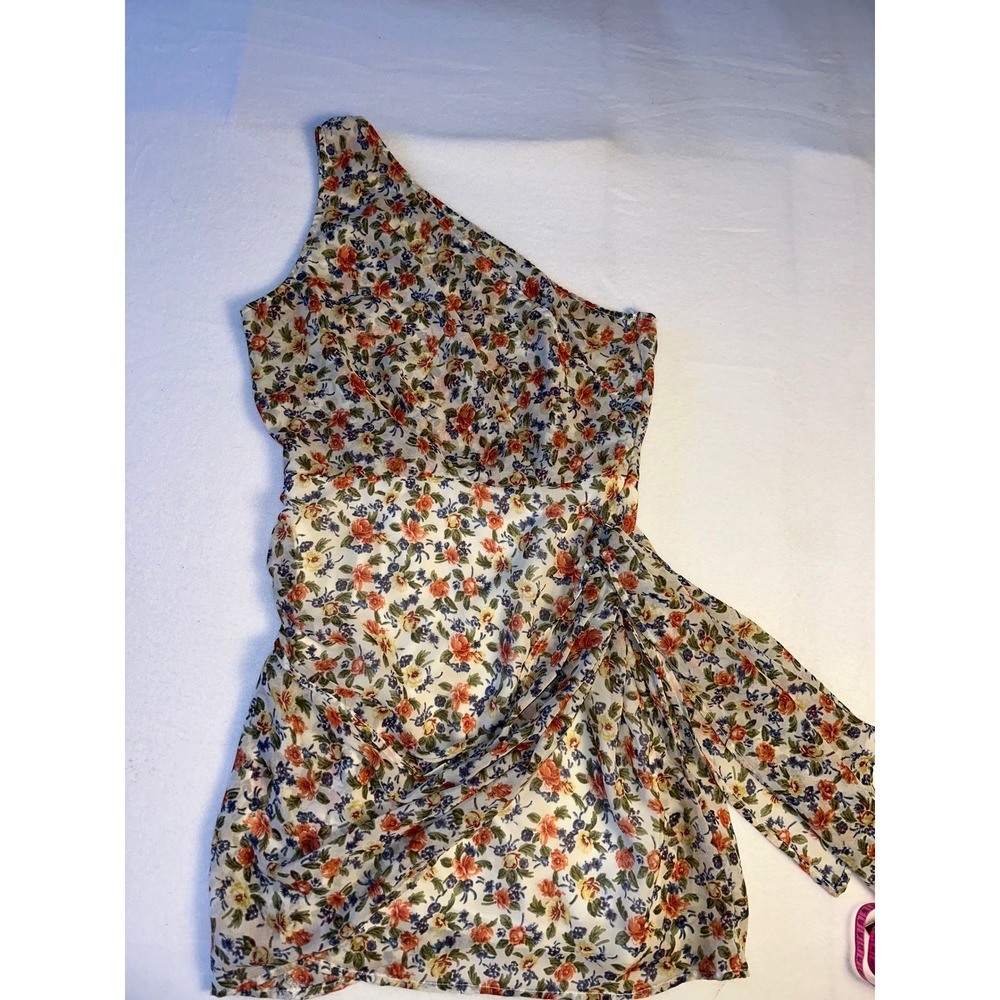 Reverse Floral One Shoulder Mini Dress Cream Multi Ruched Side Tie Small